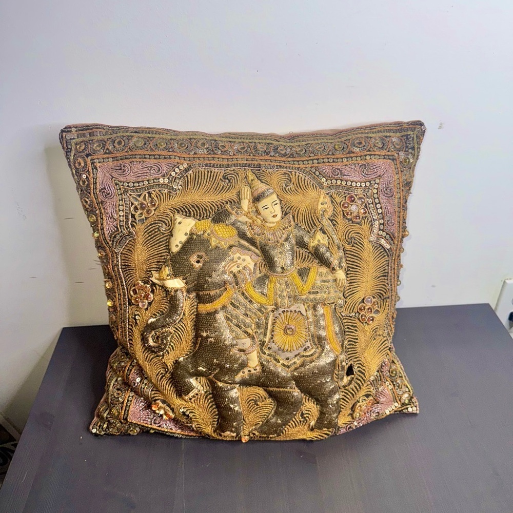Framed Beaded Burmese Kalaga Raised Elephant Embroidery Art 19X 19